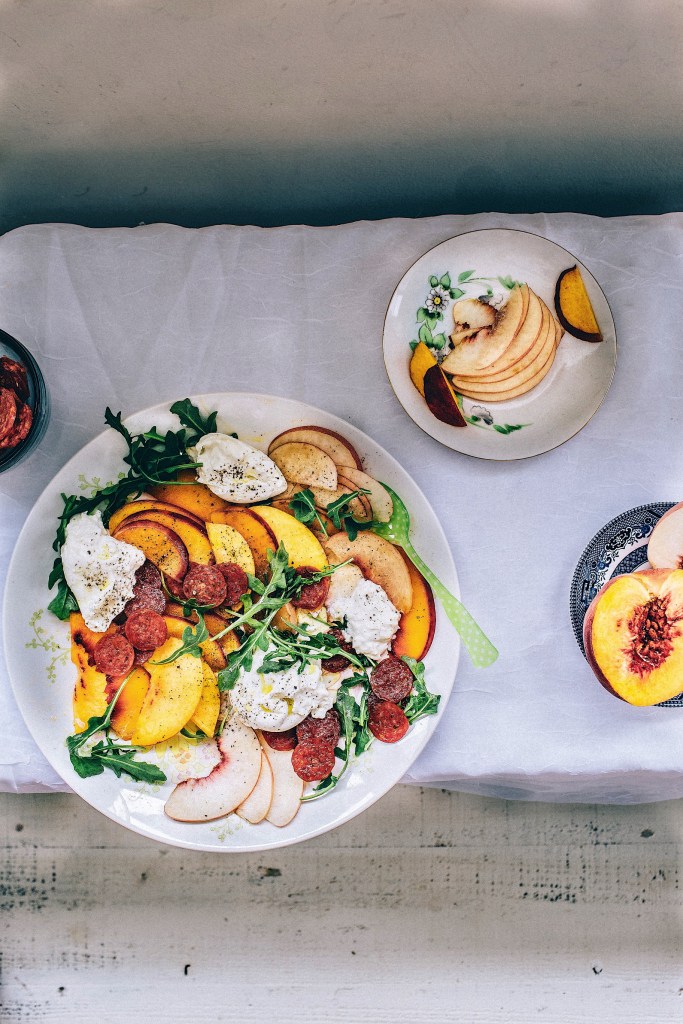 Peaches and Cream Salad with Spicy Pepperoni